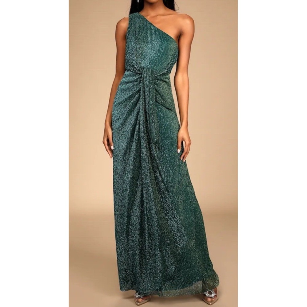 LULUS Glamorous Glitz Shiny Teal Green One Shoulder Maxi Dress Size S
